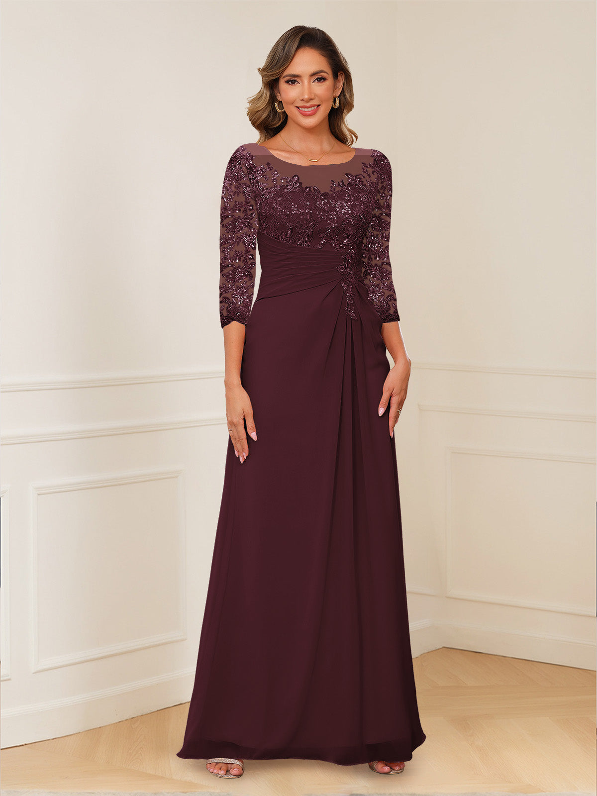 Rosalie burgundy front view mother of the bride dress