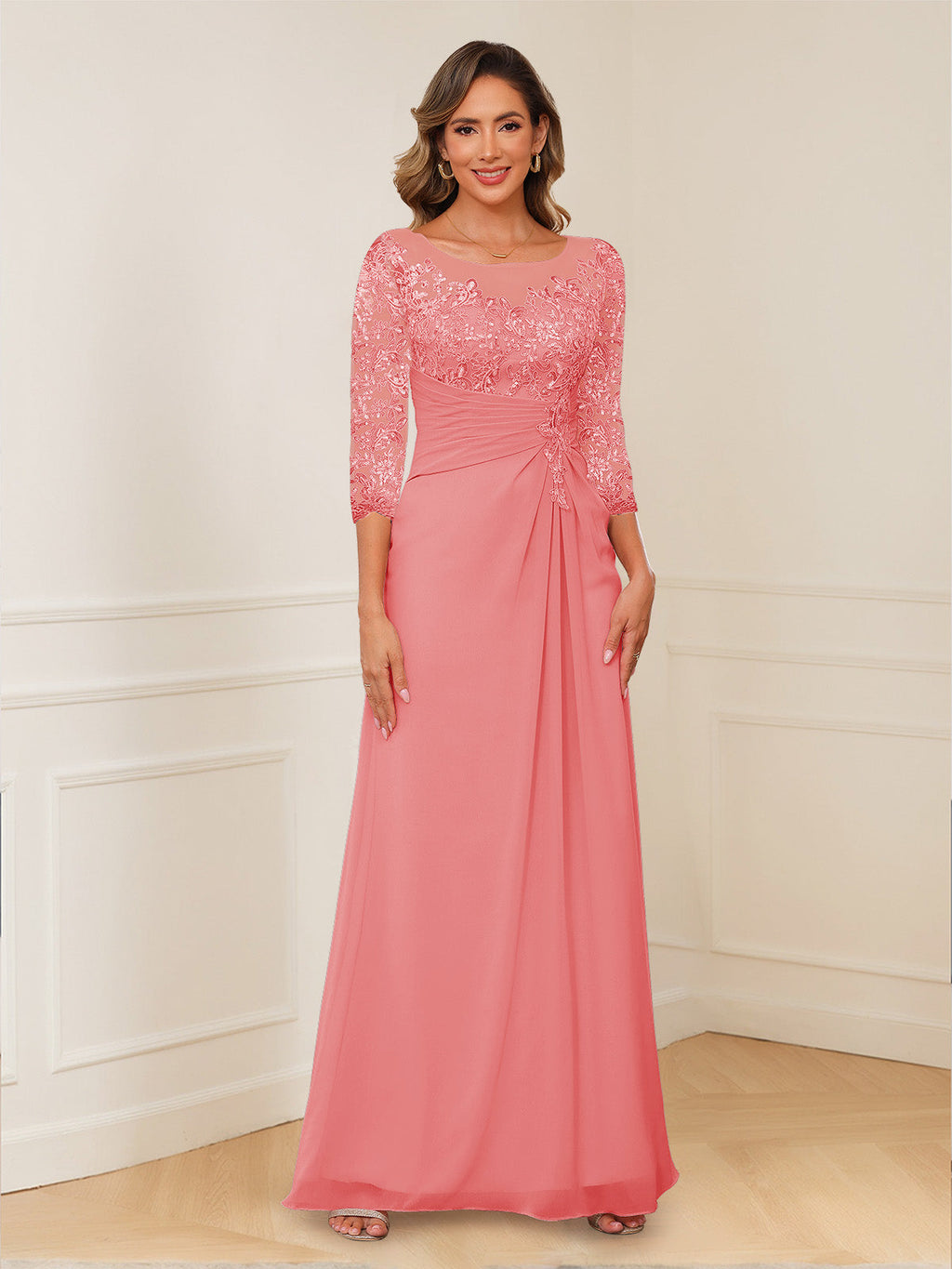 Josephine Cove Coral front view mother of the bride dress