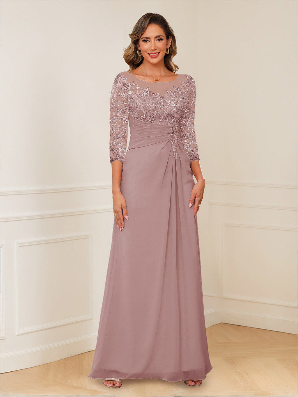 Rosalie dusty rose front view mother of the bride dress