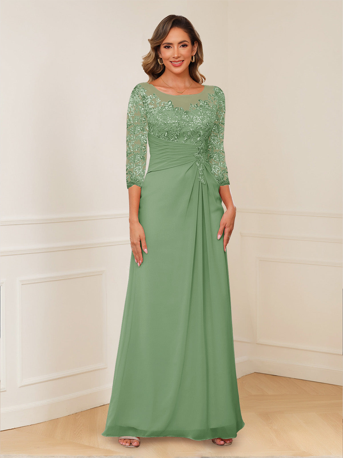Rosalie sage green front view mother of the bride dress