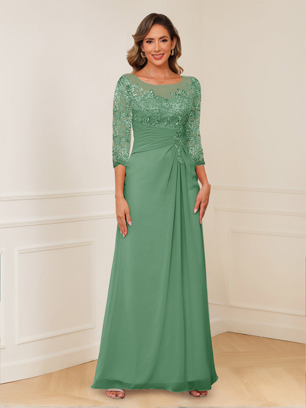 Josephine Cove Eucalyptus front view mother of the bride dress
