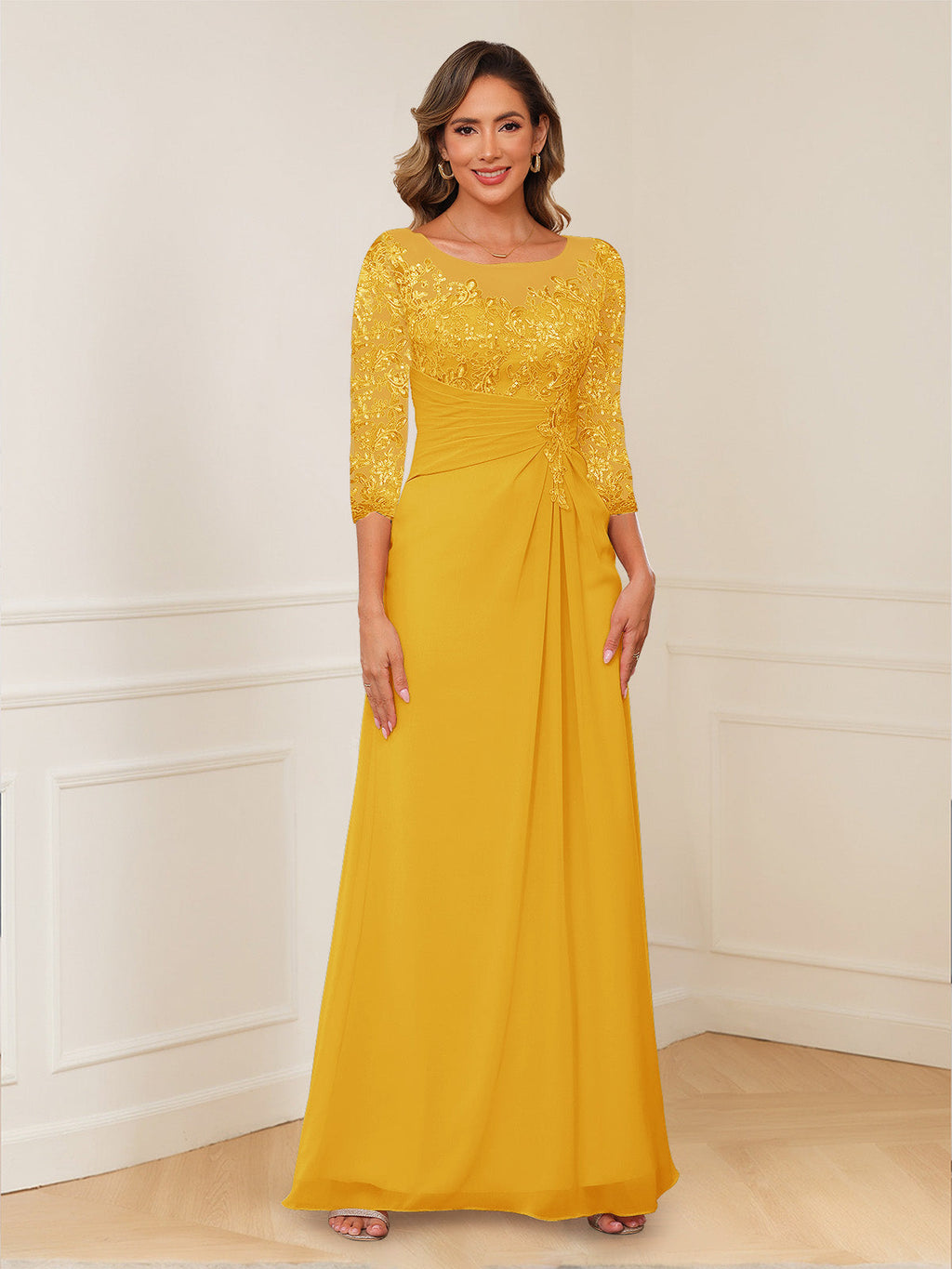 Rosalie gold front view mother of the bride dress