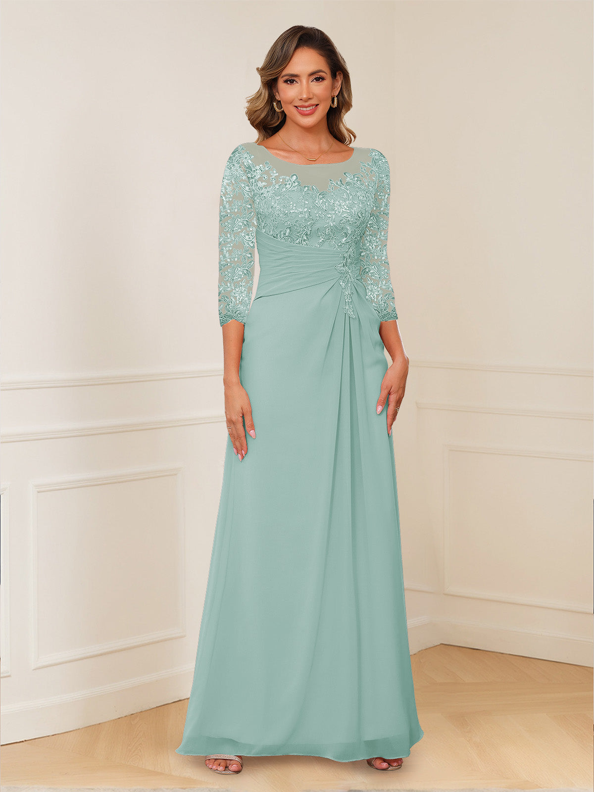 Rosalie pool blue front view mother of the bride dress
