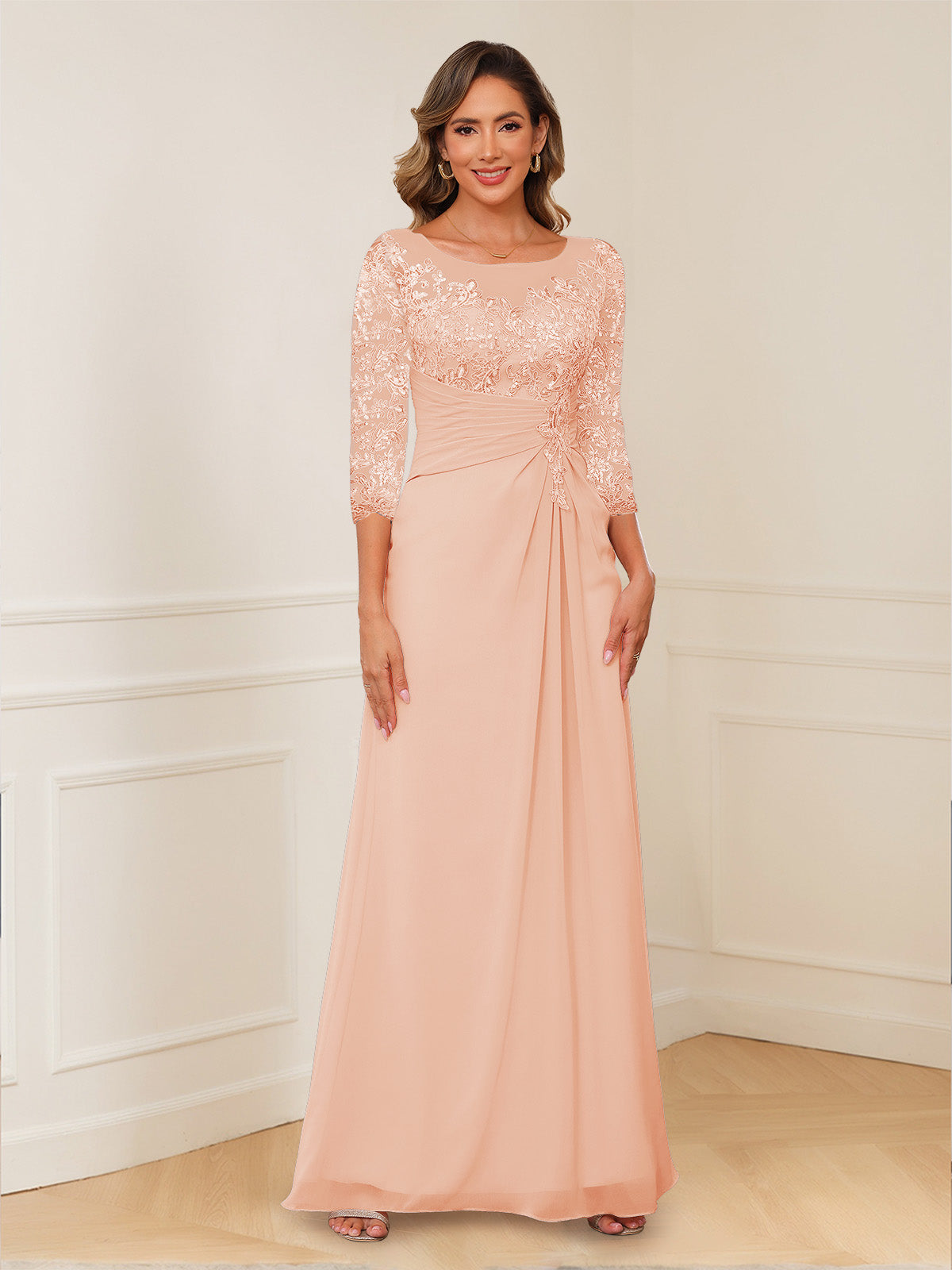 Josephine Cove Peach front view mother of the bride dress