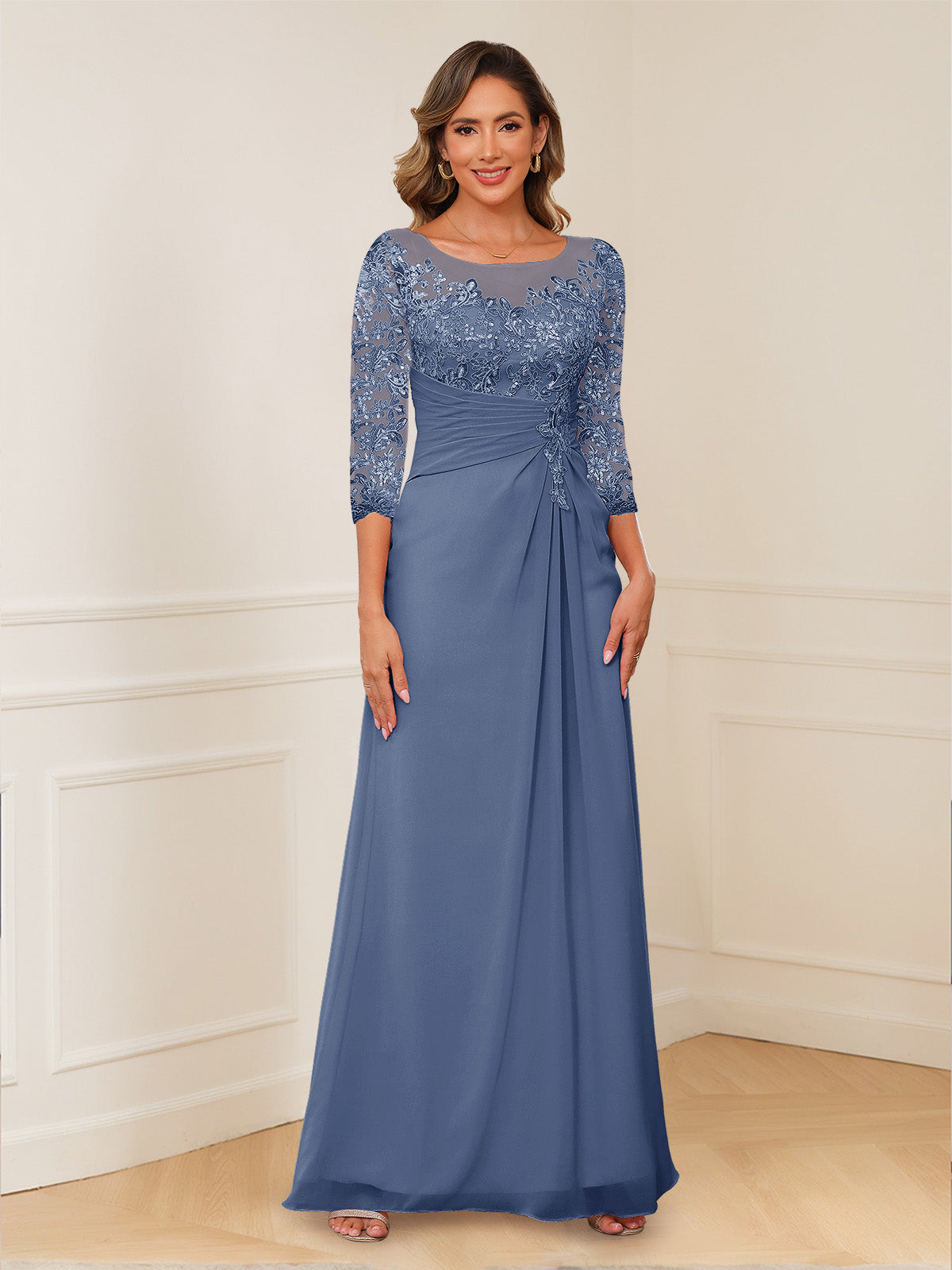 Rosalie steel blue front view mother of the bride dress