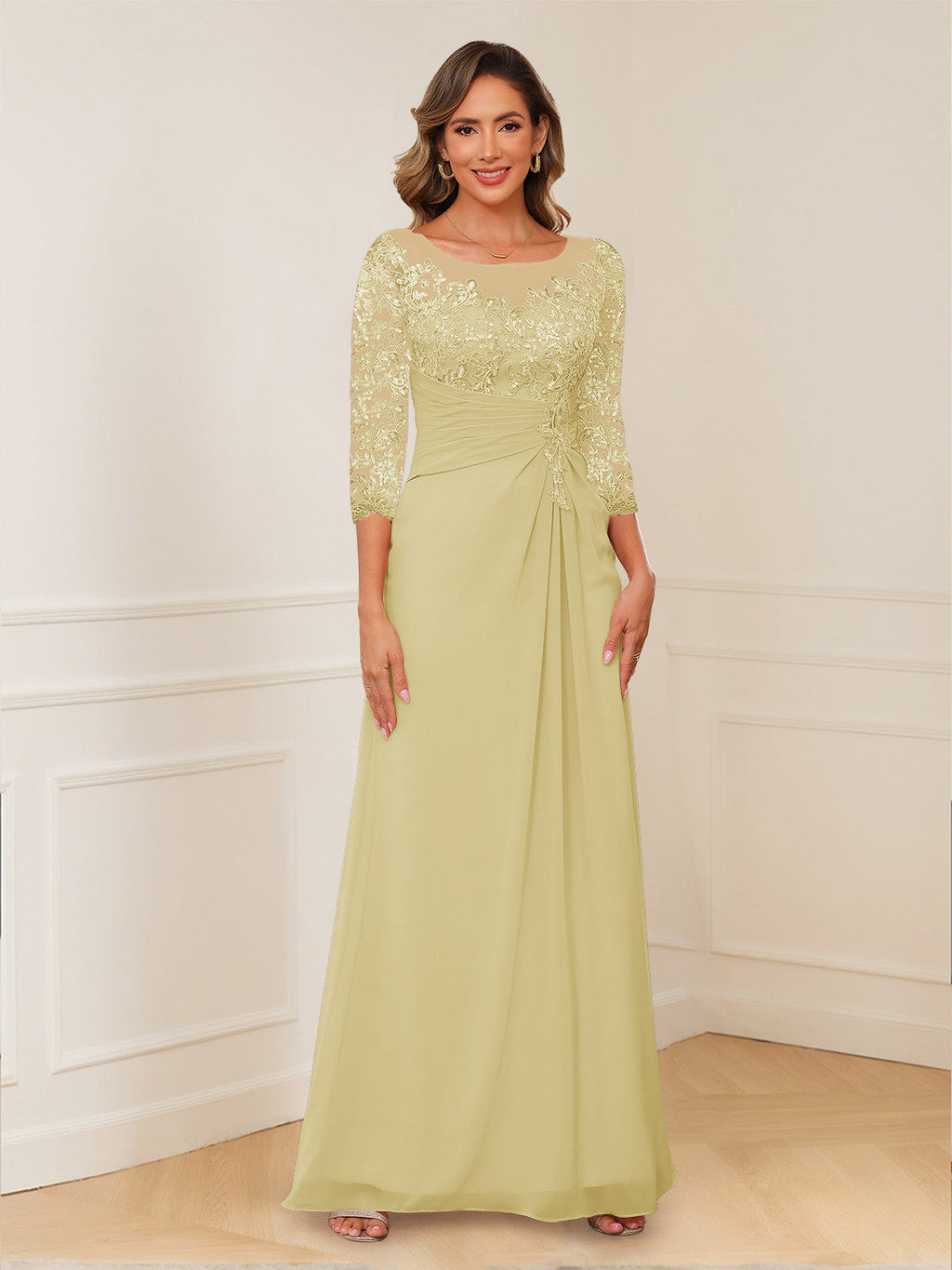 Rosalie yellow front view mother of the bride dress