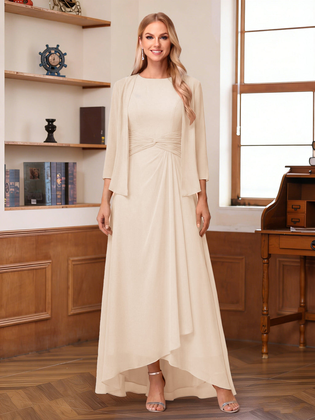 Isabel Elise Champagne back view mother of the bride dress