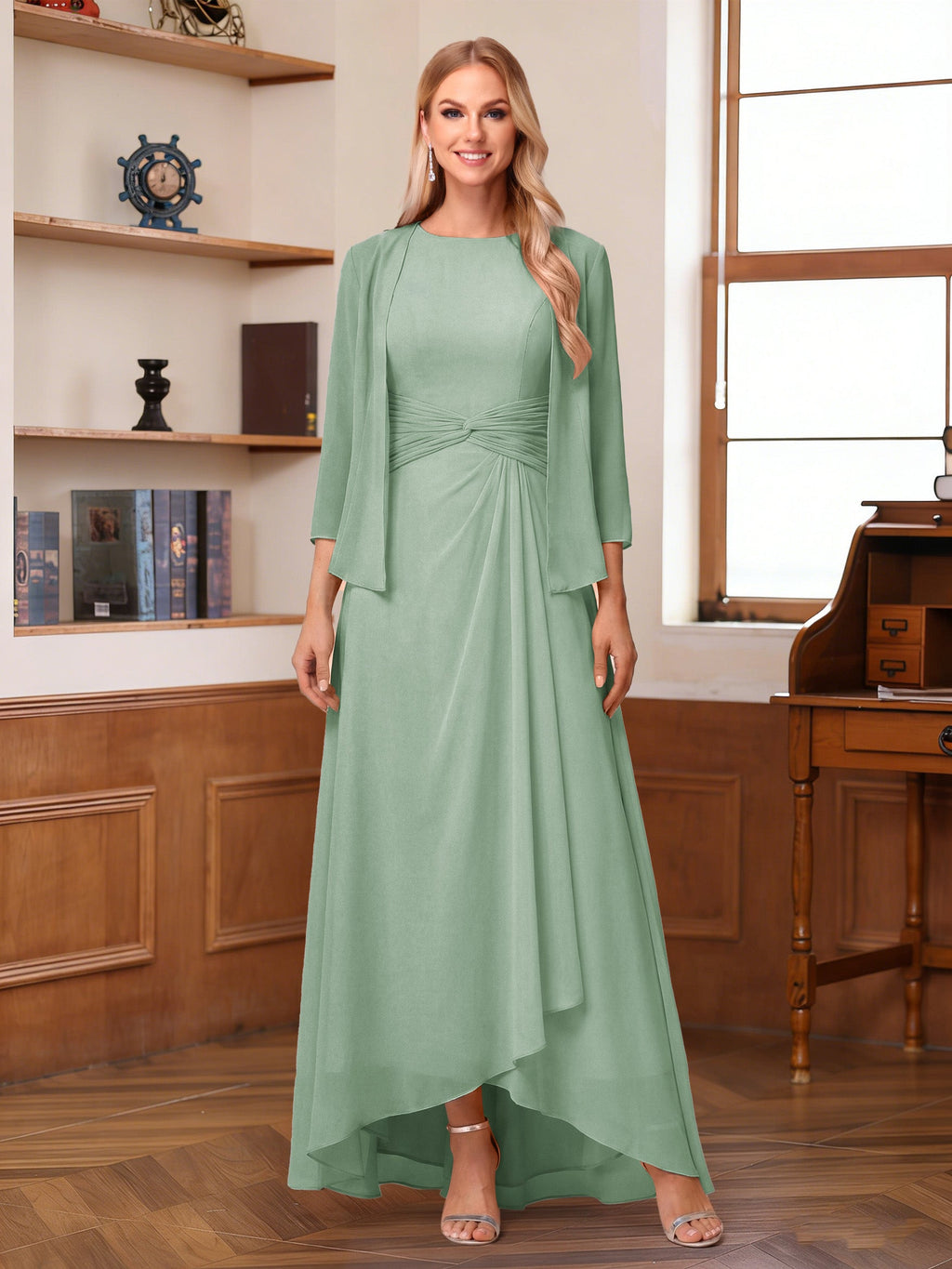 Isabel Elise Sage Green back view mother of the bride dress