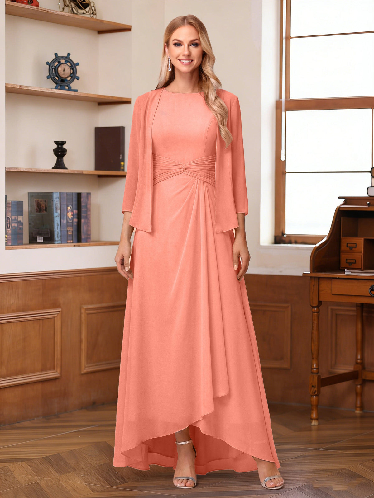 Isabel Elise Coral back view mother of the bride dress