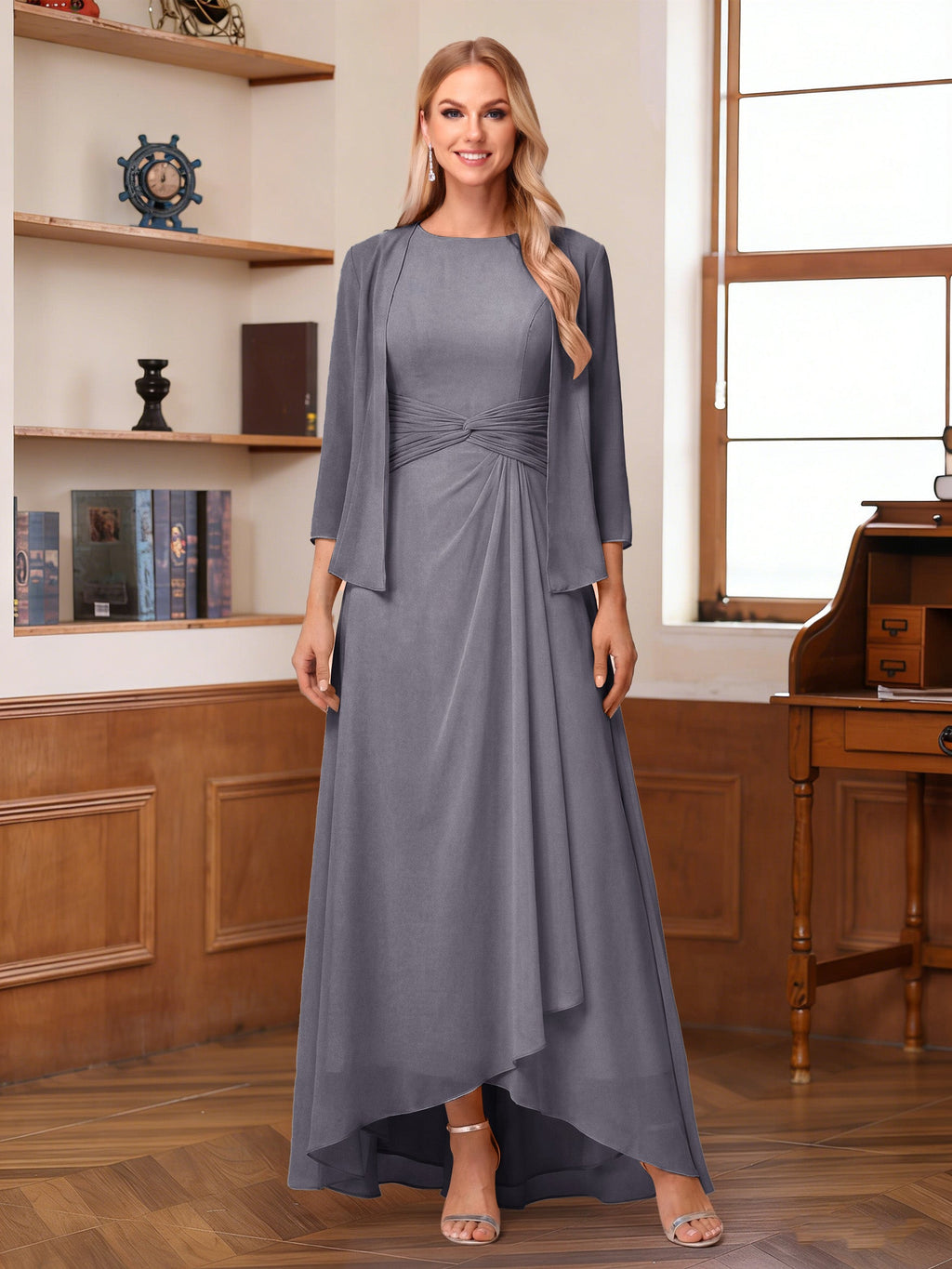 Isabel Elise Steel Grey front view mother of the bride dress