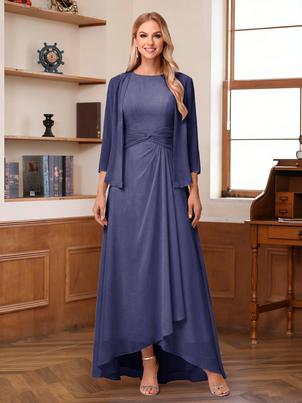Isabel Elise Dusty Blue front view mother of the bride dress