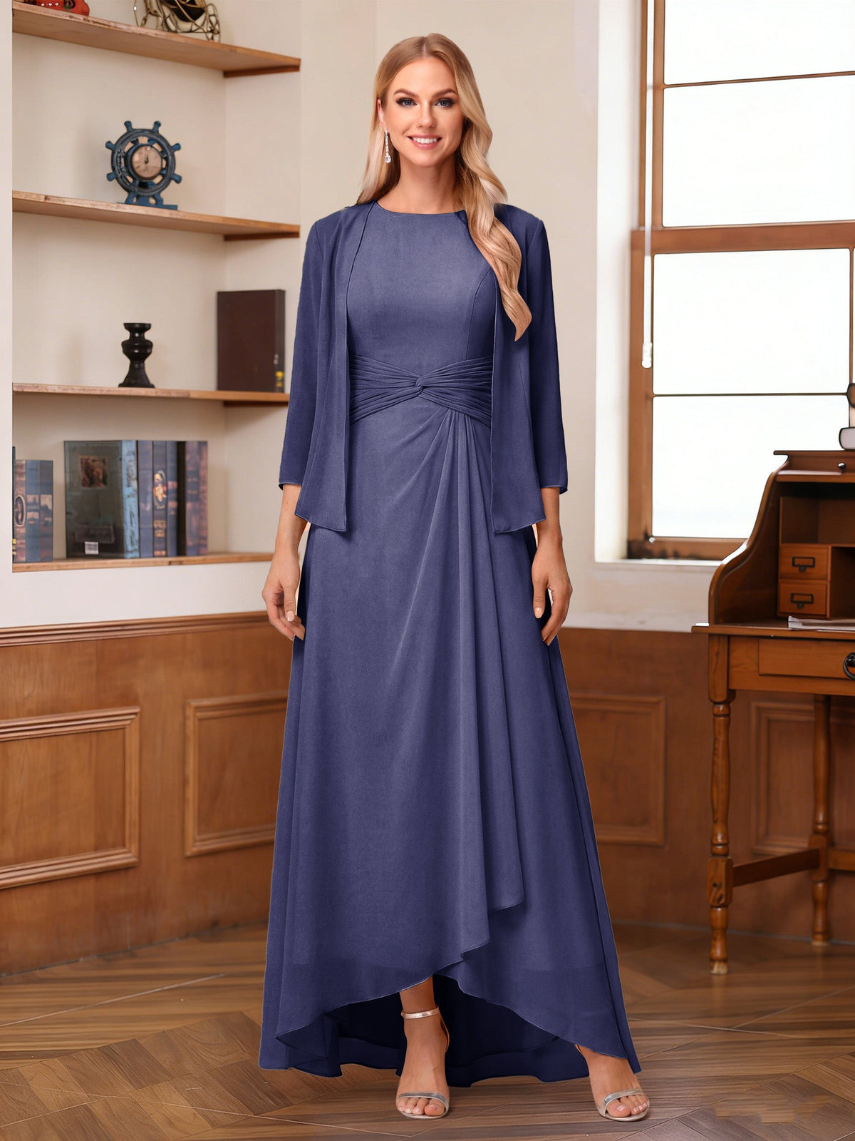 Isabel Elise Dusty Blue front view mother of the bride dress