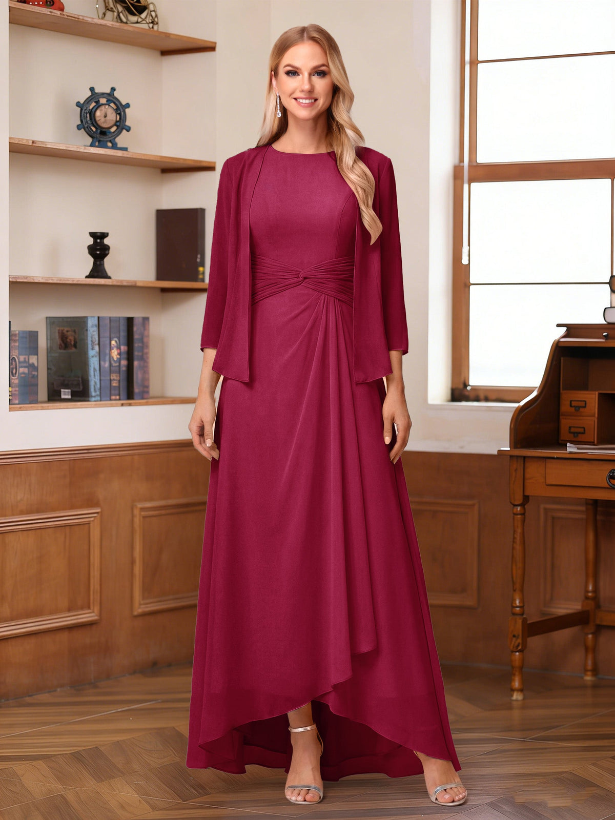 Isabel Elise Burgundy side view mother of the bride dress