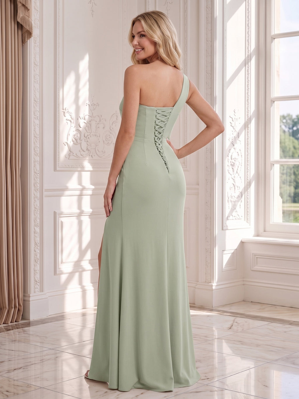 Ulyssa Sage Green back view wedding guest dress