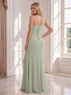 Ulyssa Sage Green back view wedding guest dress