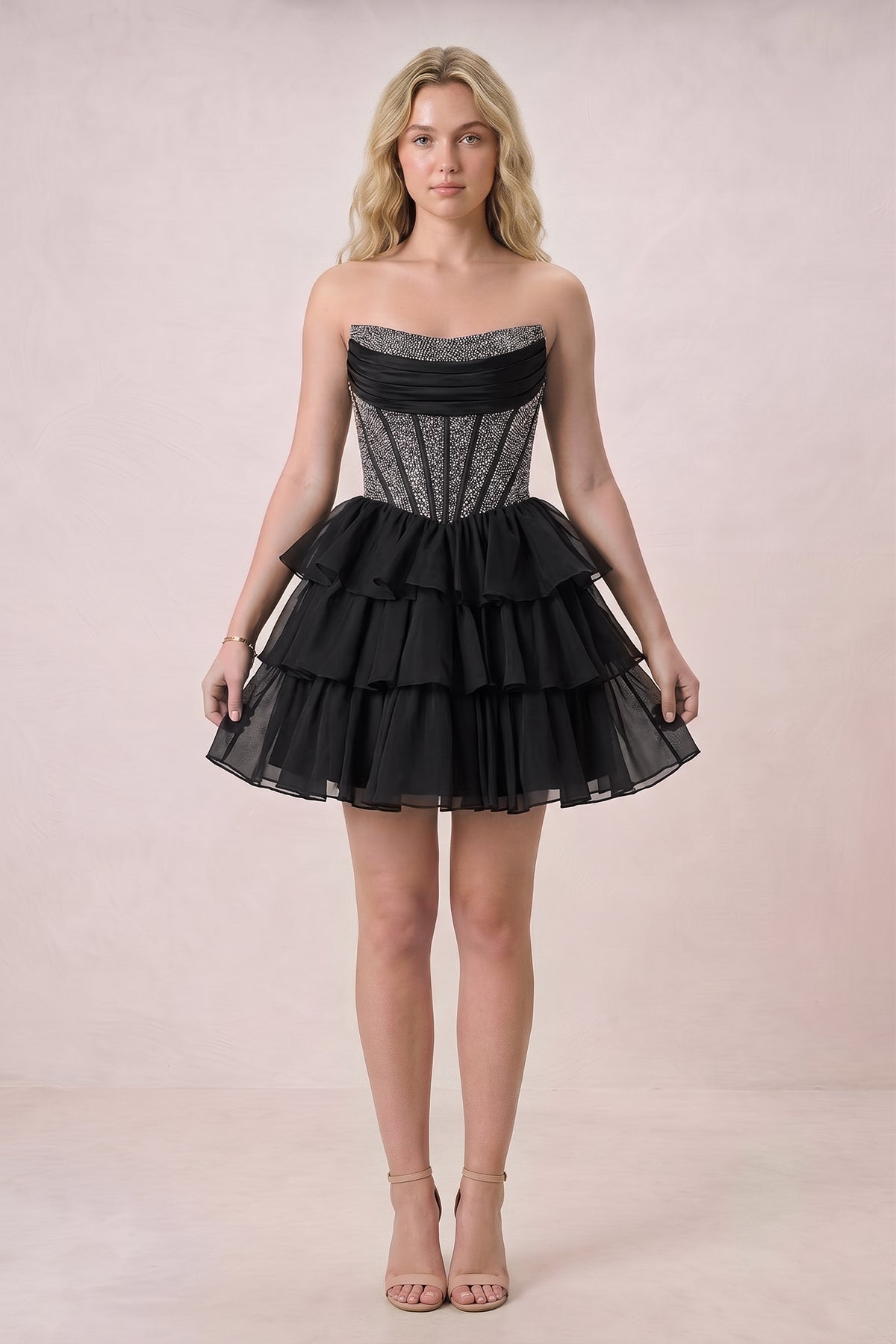 Black Strapless A Line Chiffon Beaded Mini Homecoming Dresses With Ruffles