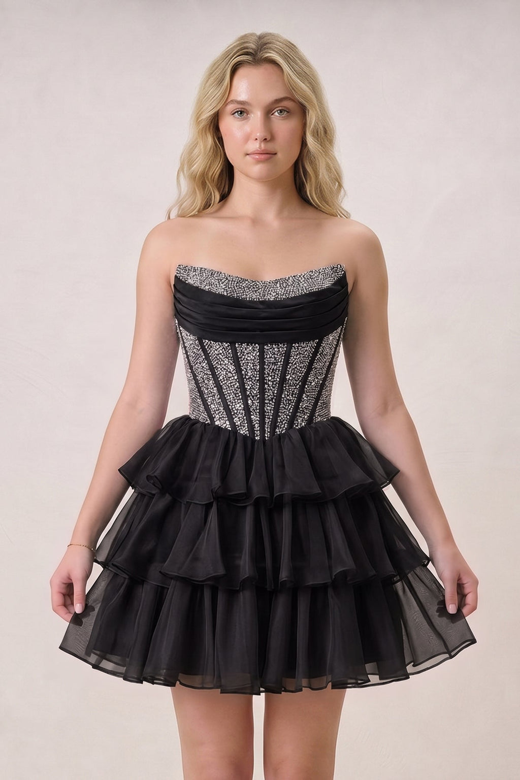 Black Strapless A Line Chiffon Beaded Mini Homecoming Dresses With Ruffles