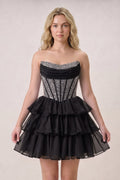 Black Strapless A Line Chiffon Beaded Mini Homecoming Dresses With Ruffles