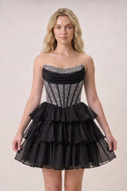 Black Strapless A Line Chiffon Beaded Mini Homecoming Dresses With Ruffles