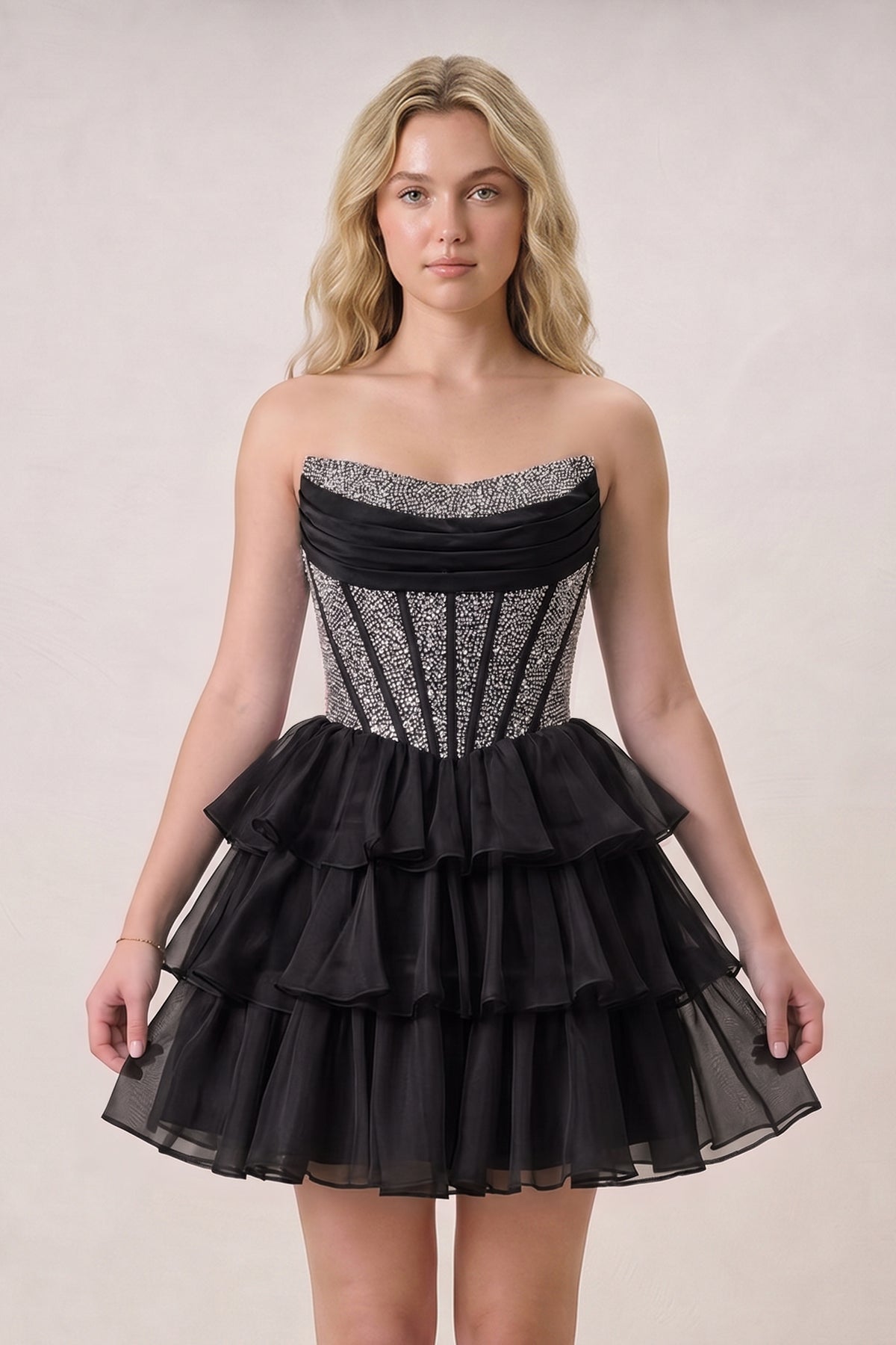 Black Strapless A Line Chiffon Beaded Mini Homecoming Dresses With Ruffles
