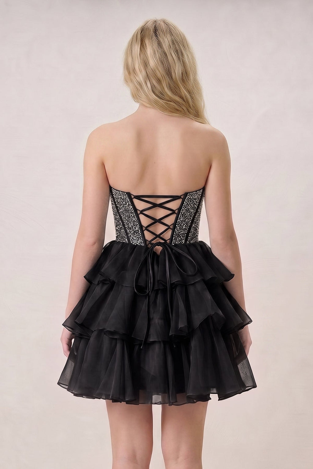Black Strapless A Line Chiffon Beaded Mini Homecoming Dresses With Ruffles