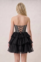 Black Strapless A Line Chiffon Beaded Mini Homecoming Dresses With Ruffles