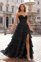 Blush Chiffon Evening Dress with Sweetheart Neckline and Ruffles