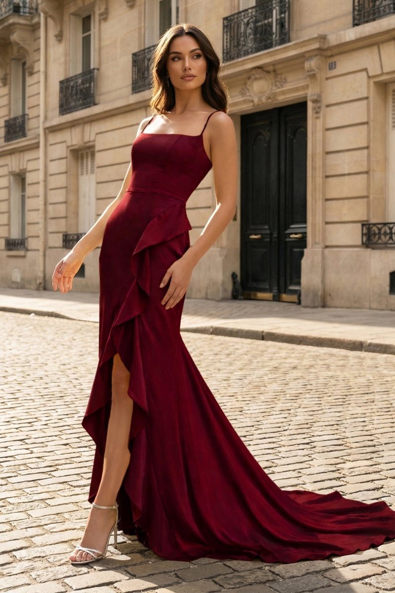Eudora Burgundy front view prom dress