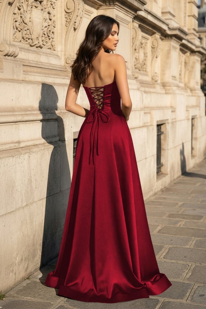 Blythe Corinne Burgundy back view prom dress