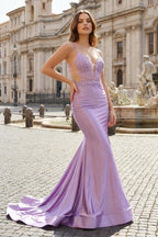 Mermaid Spaghetti Straps Lavender Satin Long Formal Prom Gown with Appliques