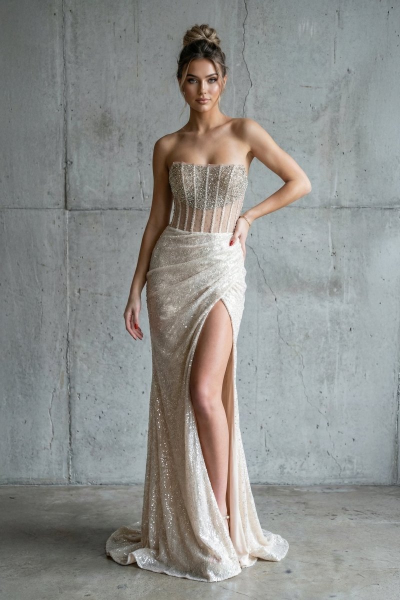 Strapless Mermaid Long Sequins Formal Prom Gown With Split