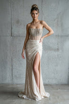 Strapless Mermaid Long Sequins Formal Prom Gown With Split