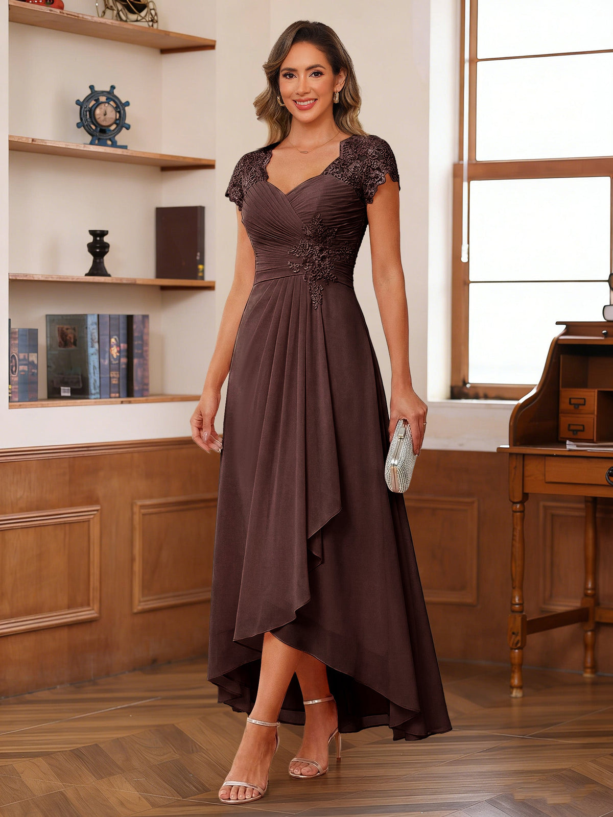 Cecilia Wren Brown front view mother of the bride dress