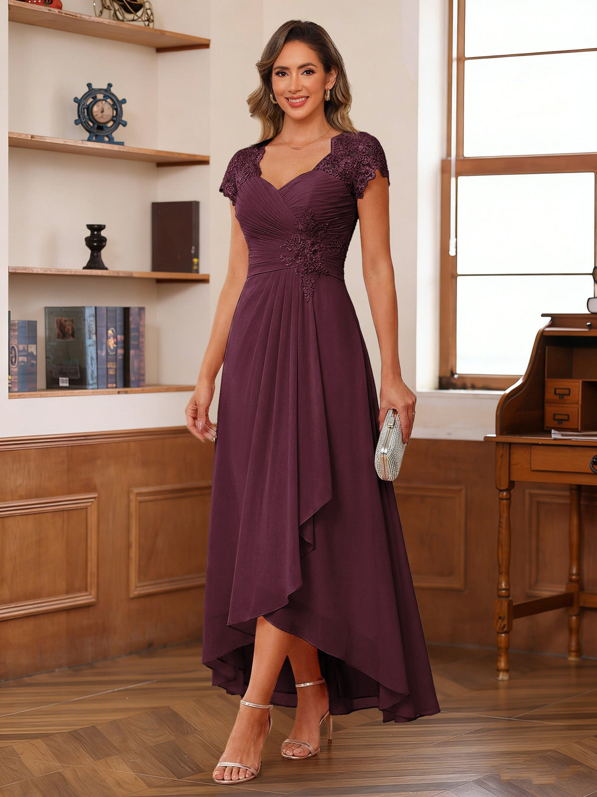 Solange burgundy front view mother of the bride dress
