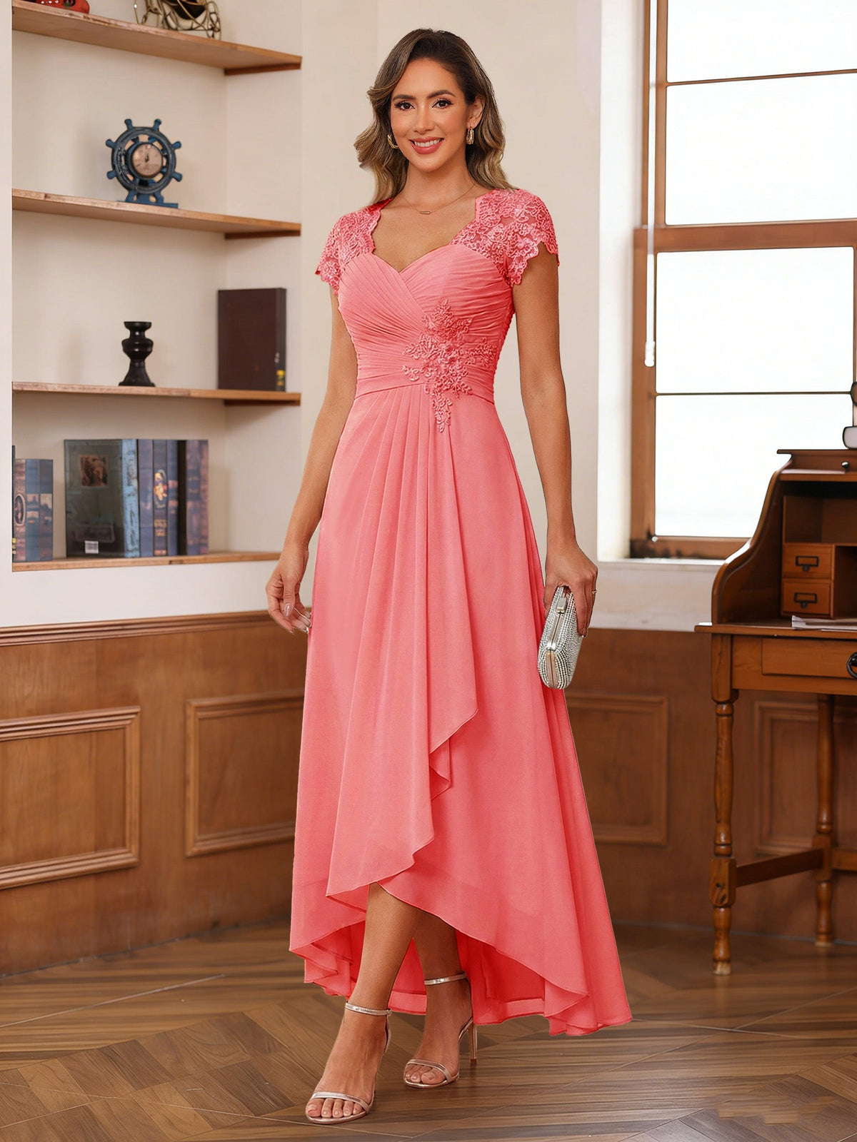 Cecilia Wren Coral front view mother of the bride dress