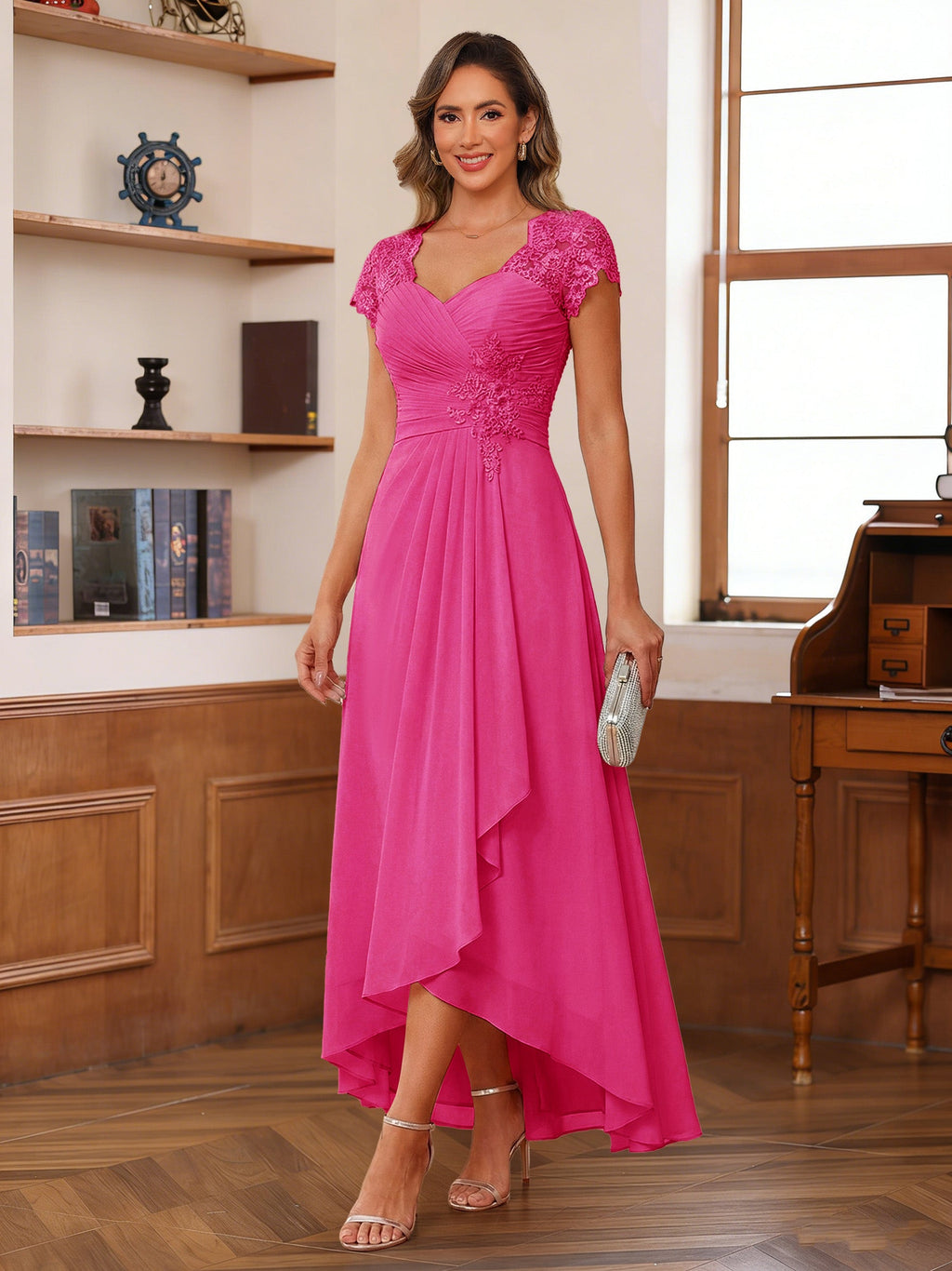 Cecilia Wren Hot Pink front view mother of the bride dress