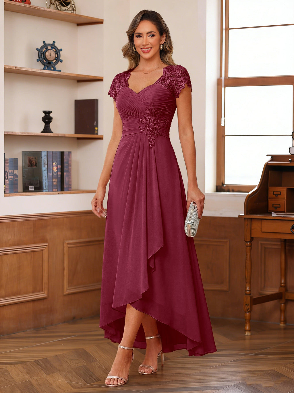 Cecilia Wren Burgundy back view mother of the bride dress