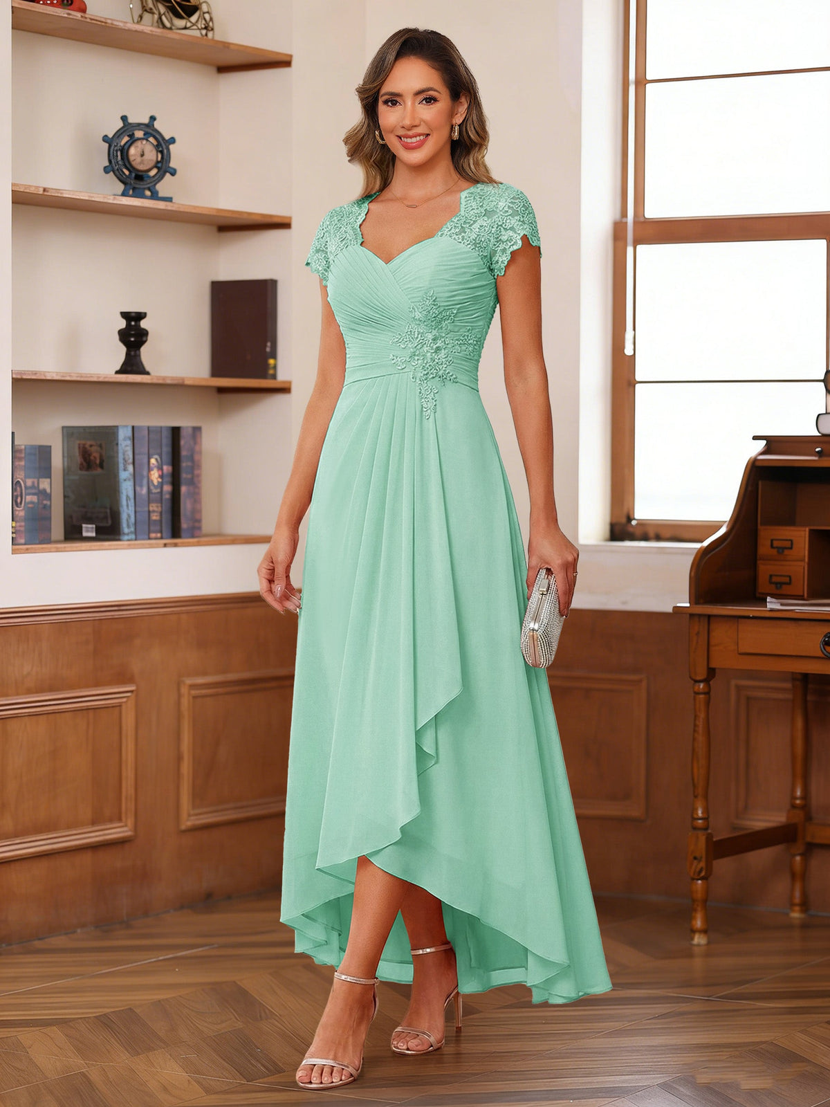 Cecilia Wren Mint Green front view mother of the bride dress