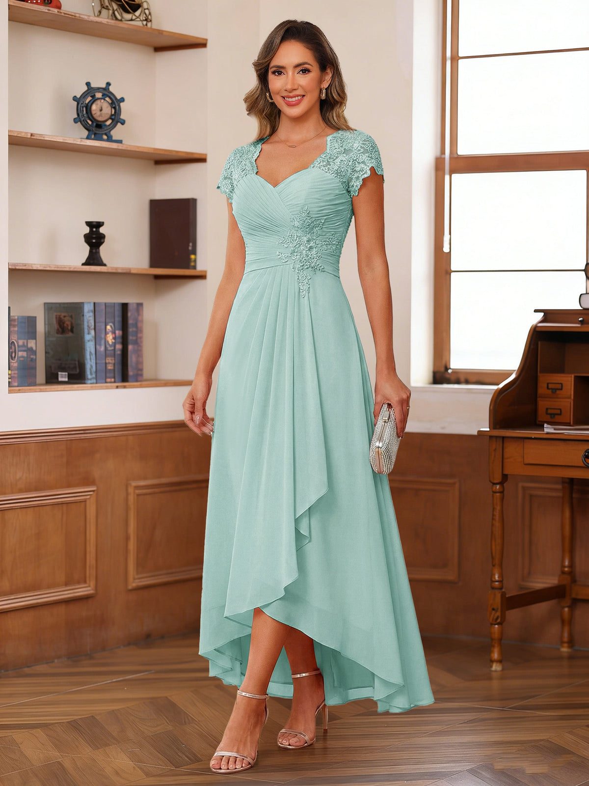 Cecilia Wren Pool Blue front view mother of the bride dress