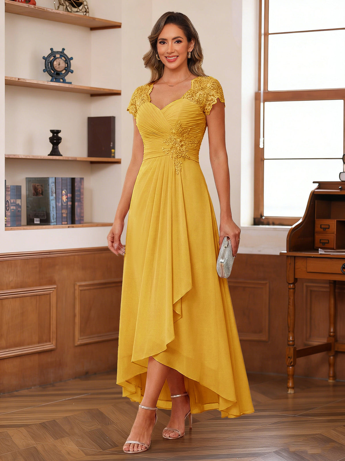 Cecilia Wren Gold back view mother of the bride dress