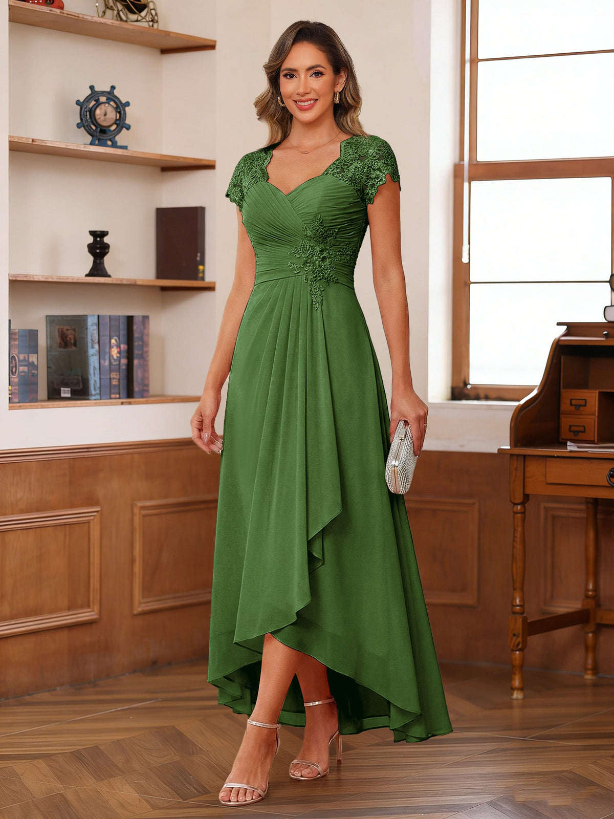 Solange olive green front view mother of the bride dress