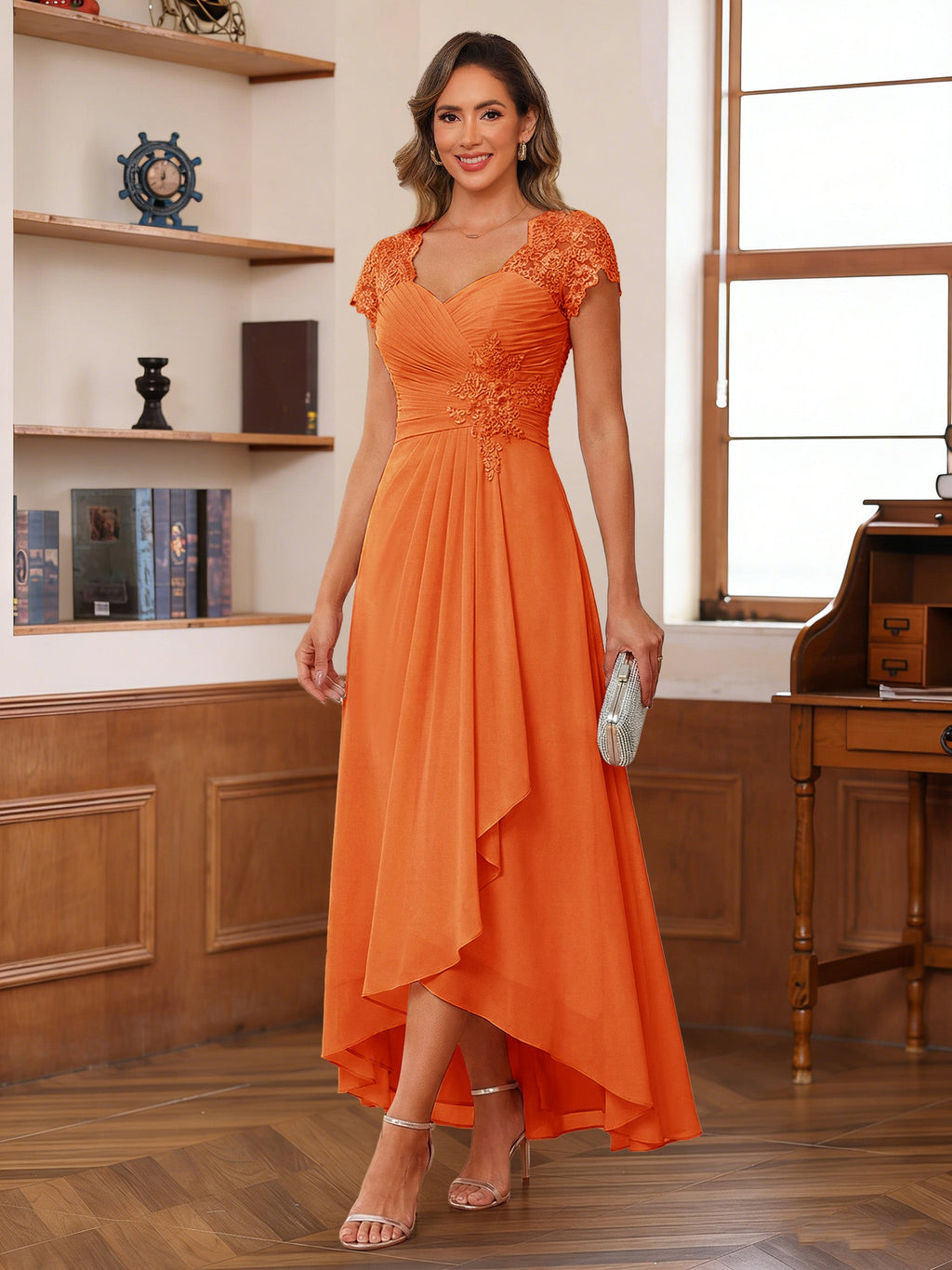 Cecilia Wren Orange front view mother of the bride dress