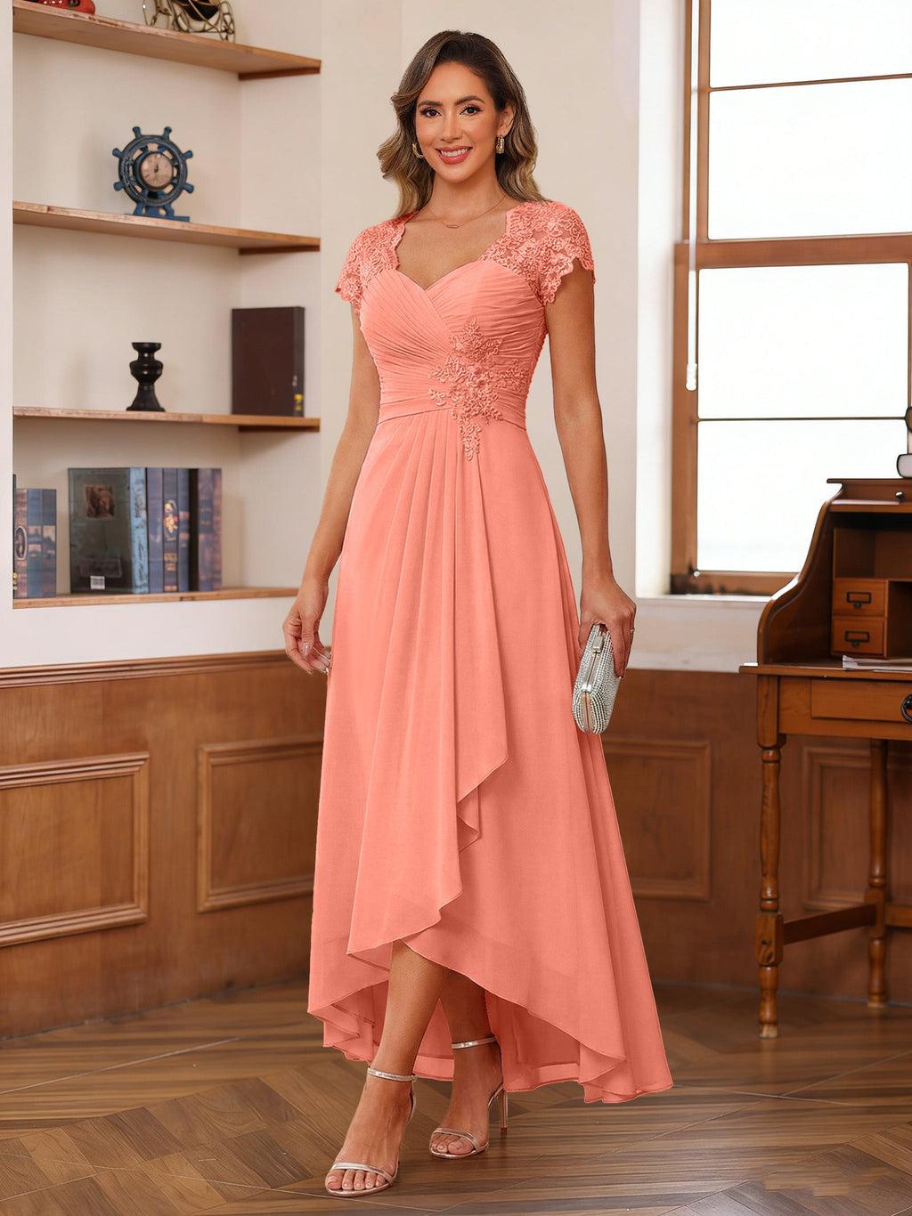 Cecilia Wren Coral back view mother of the bride dress