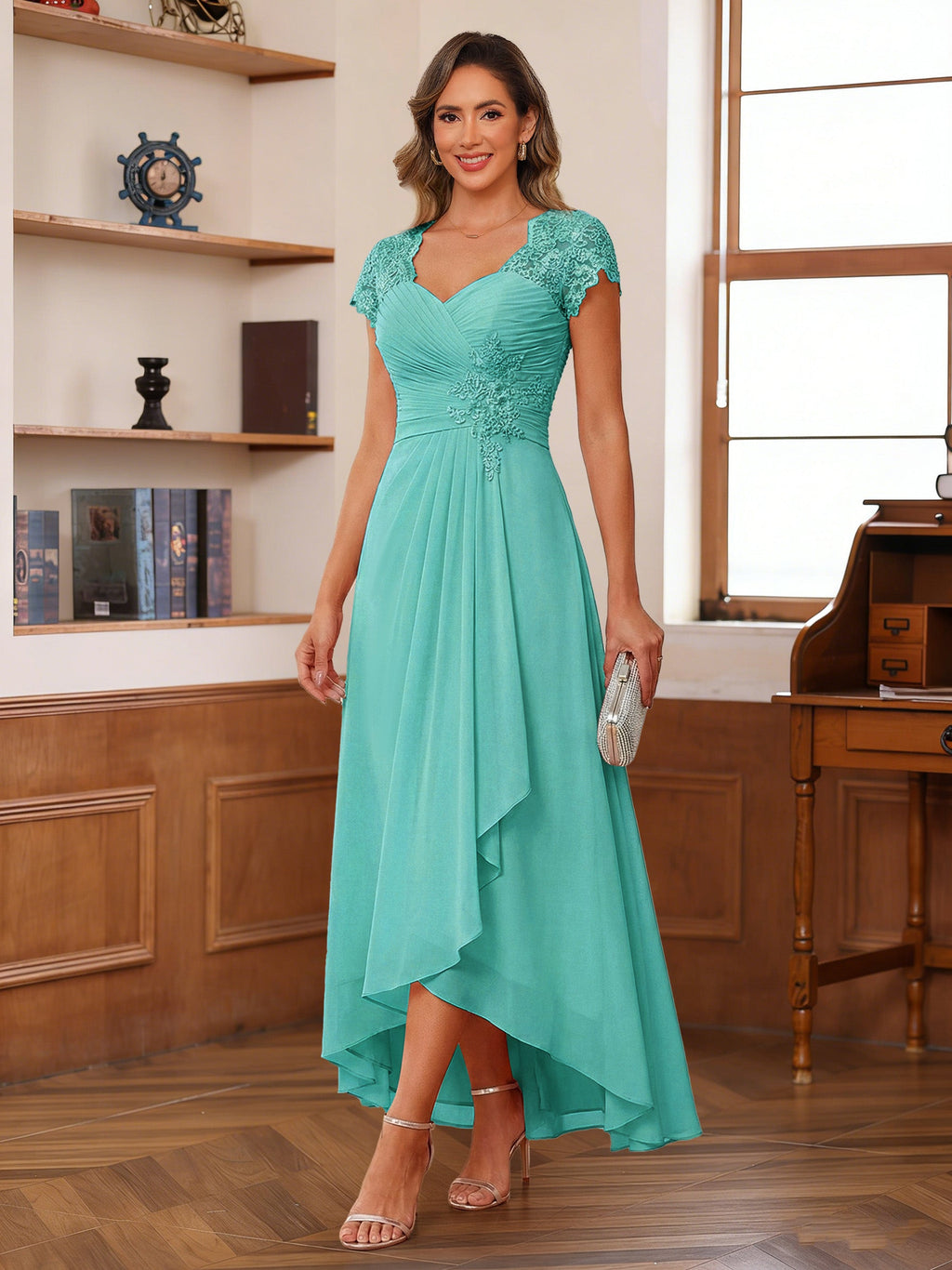 Cecilia Wren Pool Blue back view mother of the bride dress