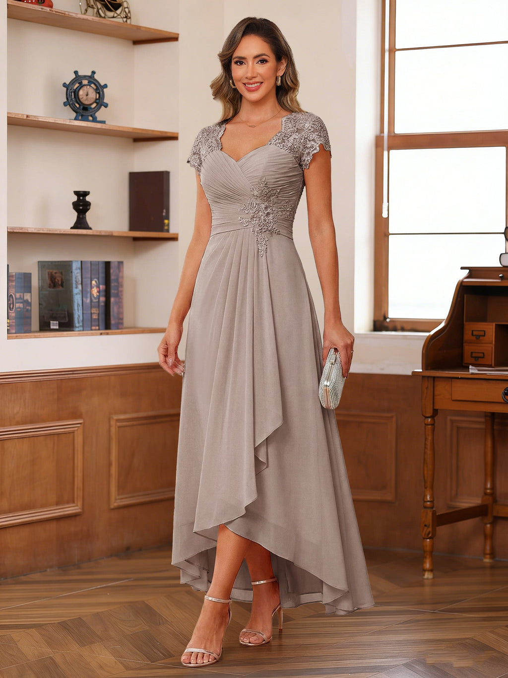 Cecilia Wren Taupe front view mother of the bride dress