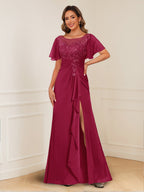 Ursula Rose Burgundy side view mother of the bride dress
