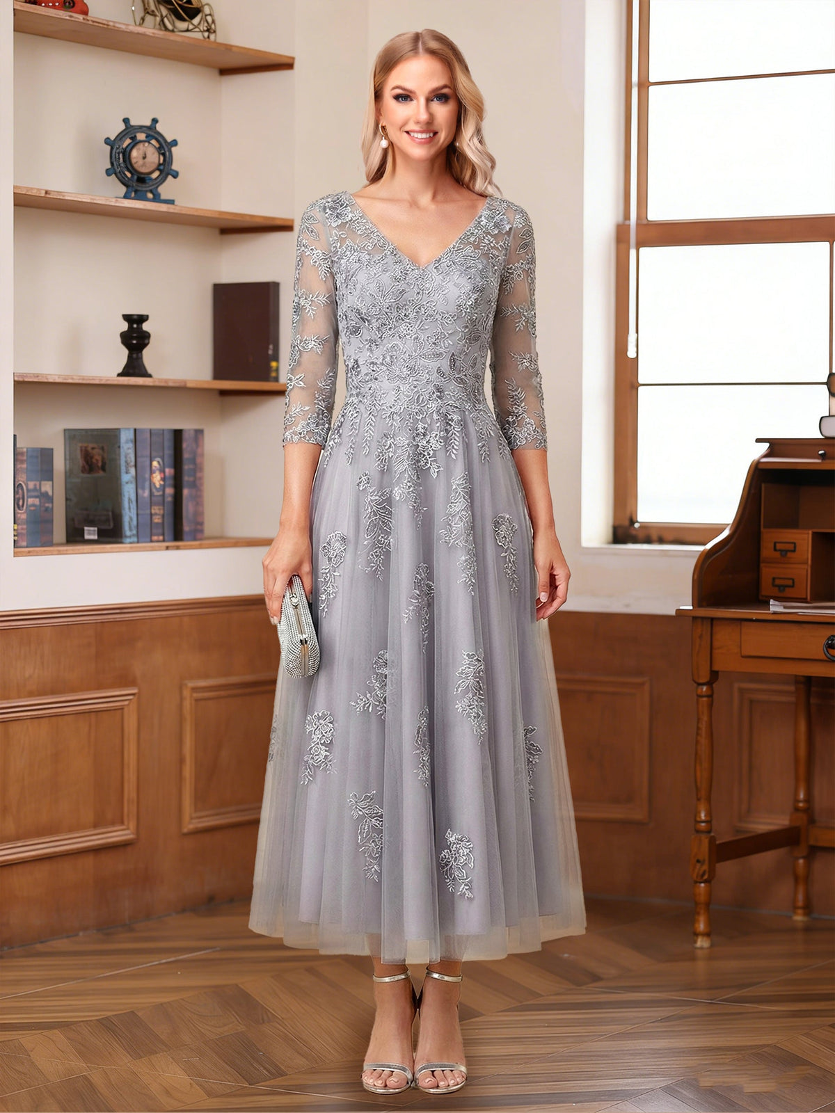 Caroline Claire Grey front view mother of the bride dress