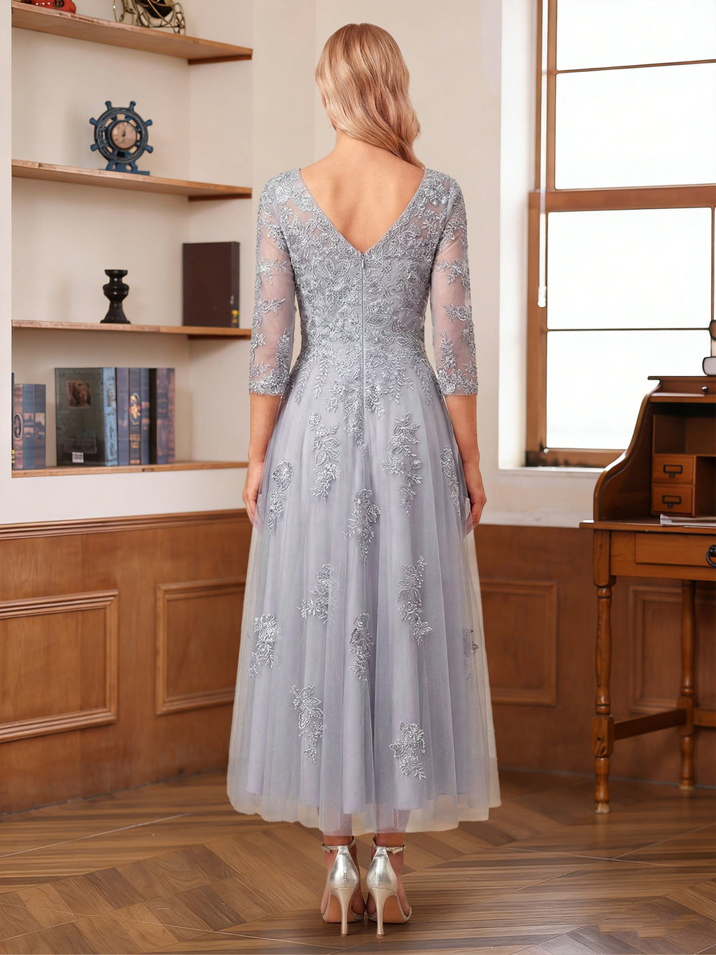 Caroline Claire Grey back view mother of the bride dress