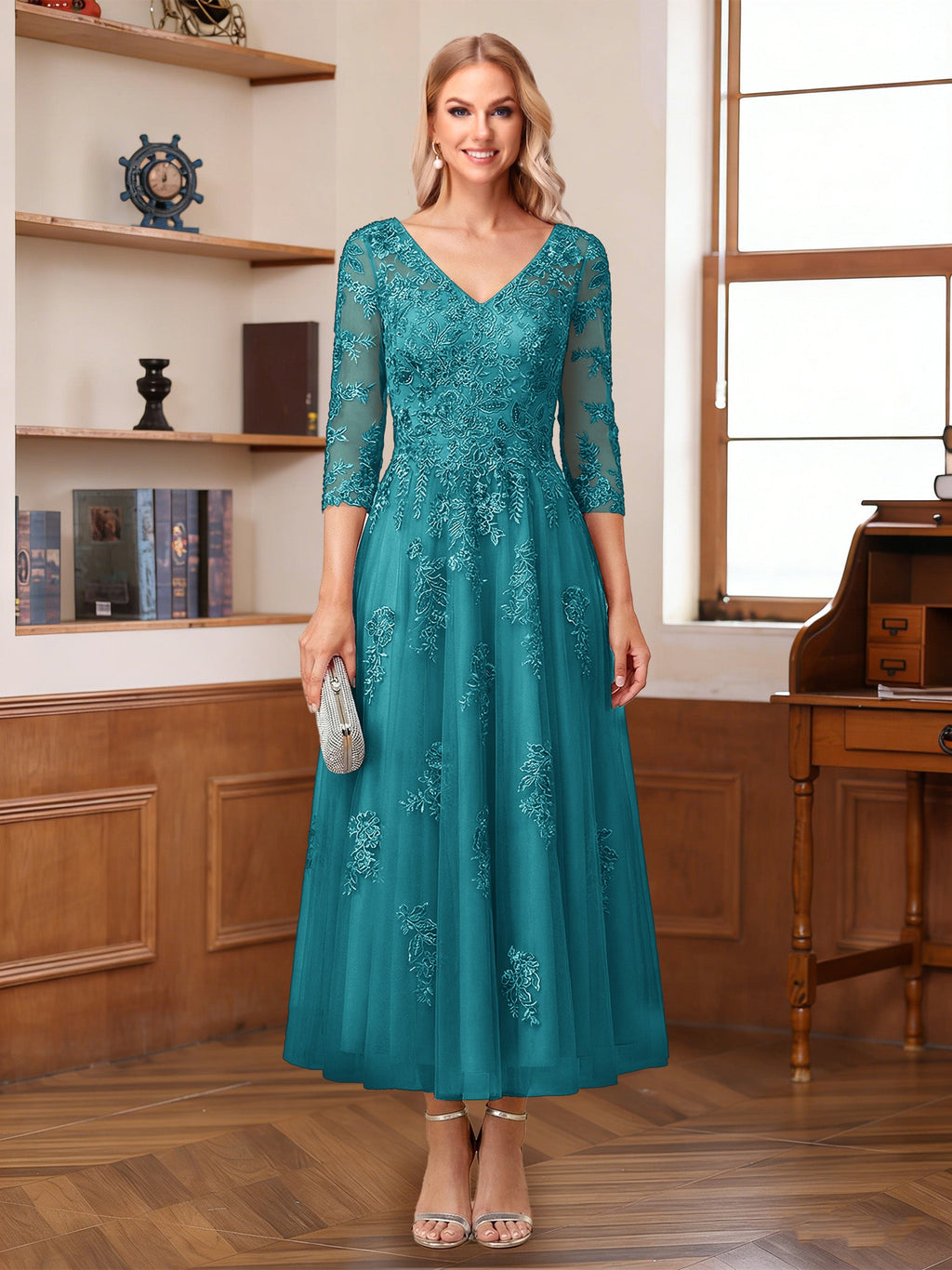 Caroline Claire Turquoise front view mother of the bride dress