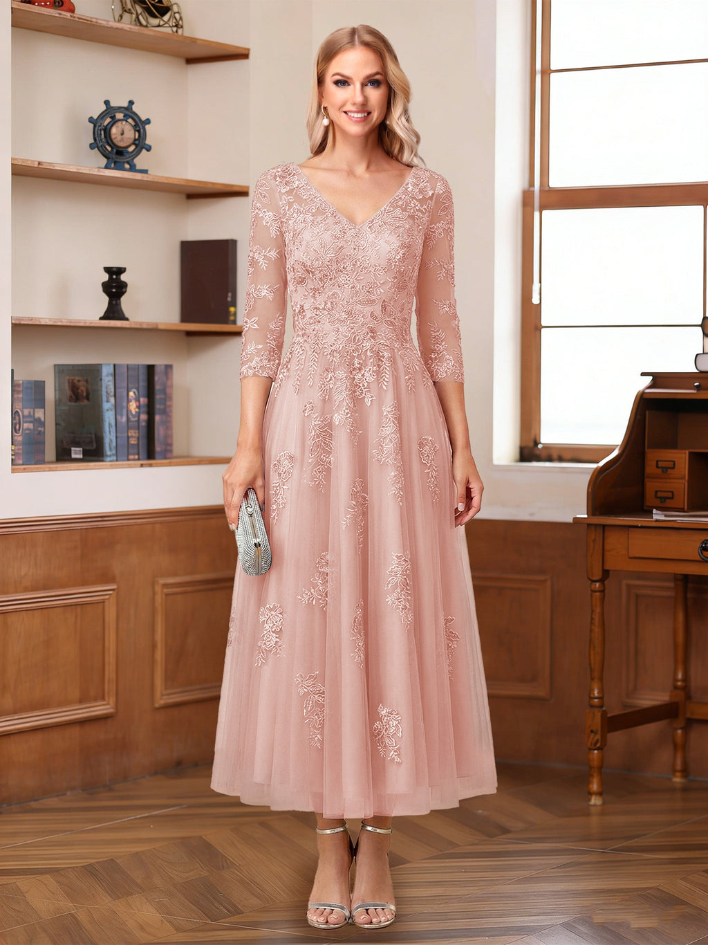 Caroline Claire Blush front view mother of the bride dress